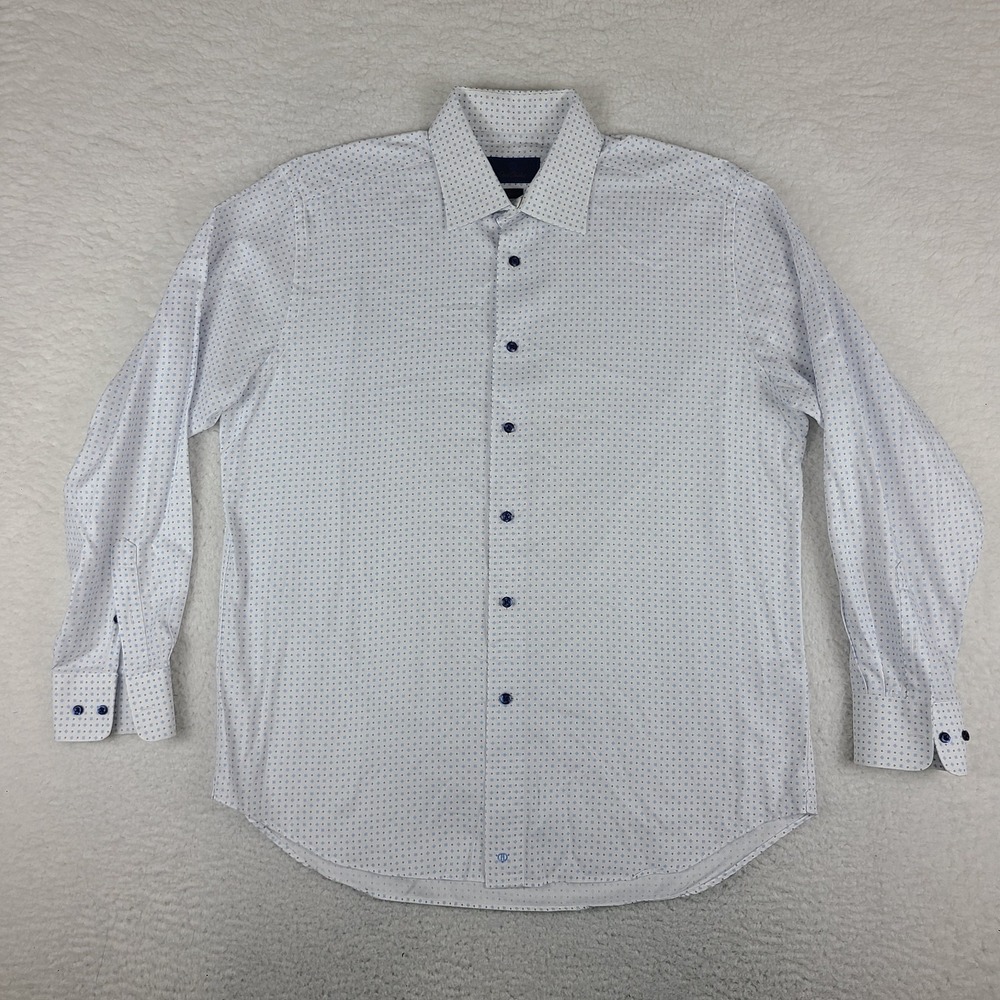 David Donahue Dress Shirt Mens 16.5 34/35 Blue White Geometric Regular Button Up